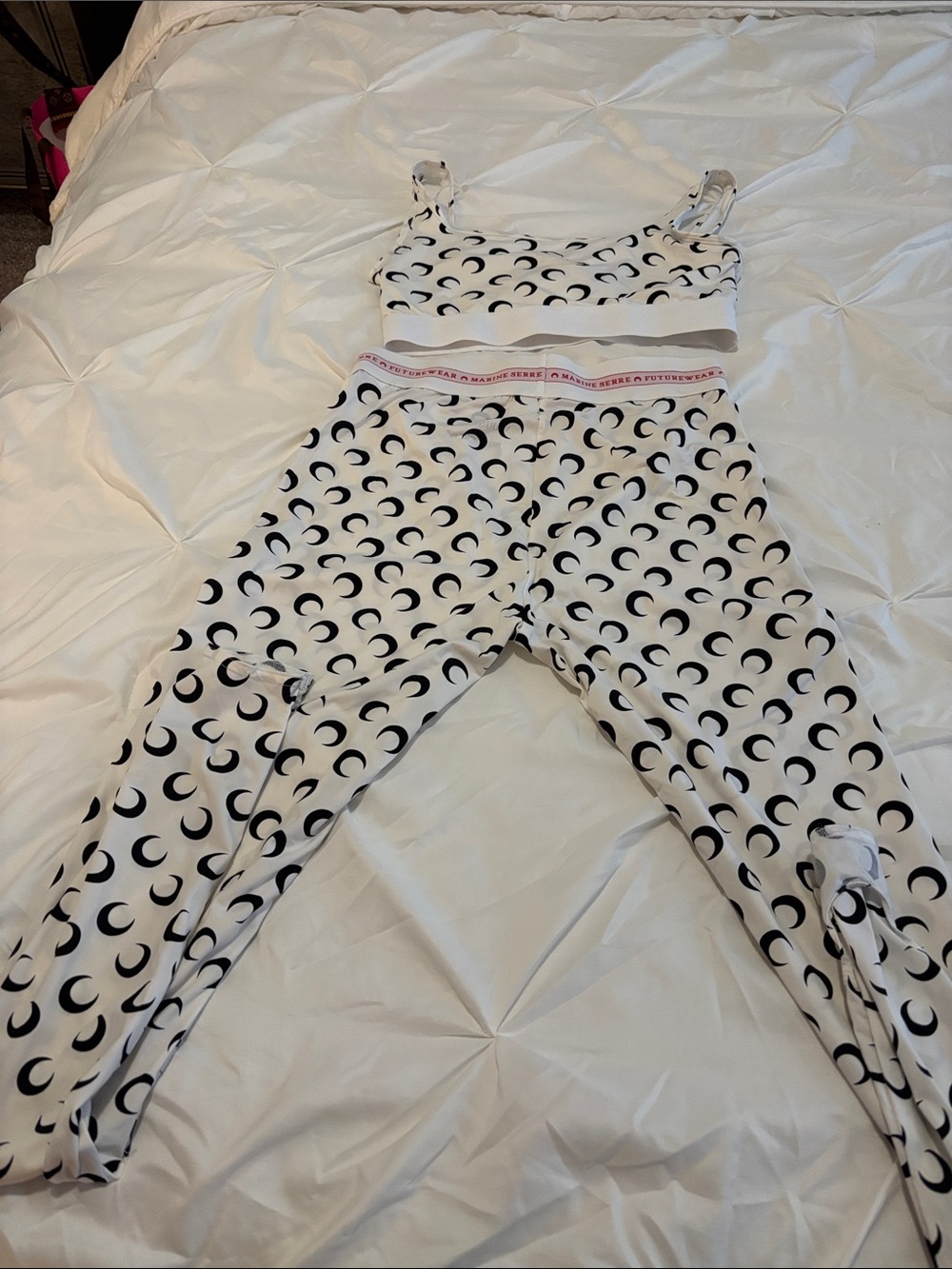Marine Serre White and Black Crescent-Print Sports Bra and Leggings Set